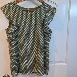 Ann Taylor Factory Green Floral Ruffle Blouse